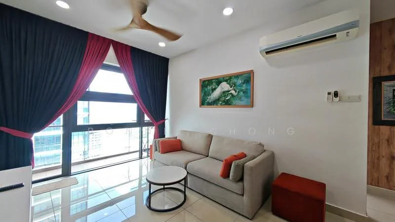 Living features: 3-seater fabric sofa in light grey, red accent cushions, round coffee table with white top, floor-to-ceiling windows, black curtains with red accents, wall-mounted air conditioning unit, framed artwork on wall, recessed ceiling lights, glossy tile flooring, ceiling fan; style: modern; view: city.