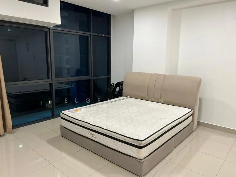 Bedroom features: queen-size bed frame, mattress without bedding, floor-to-ceiling windows, grey upholstered headboard, white walls, glossy tile flooring, black window frames, curtains, visible outdoor view; style: modern; view: city.
