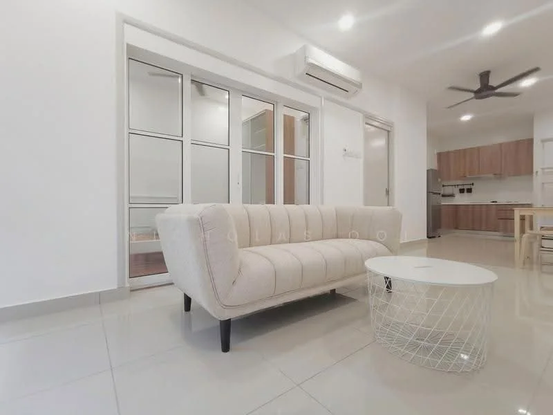 Living features: 3-seater fabric sofa in cream, round coffee table with wireframe design, white painted walls, glossy tile flooring, recessed LED downlights, ceiling fan, wall-mounted split AC, floor-to-ceiling windows, open layout to kitchen, natural light from windows; style: modern.