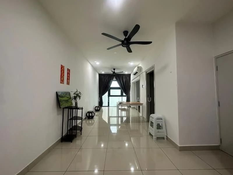 Room features: white painted walls, glossy tile flooring, 5-blade ceiling fan, recessed LED downlights, large window with city view, blackout curtains, decorative wall art, small potted plant, wooden dining table, white air conditioning unit, black decorative shelf, black floor lamp, white cabinet; style: modern; view: city.