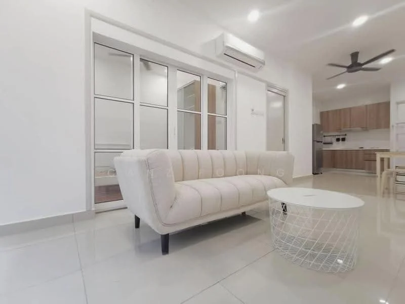 Living features: beige fabric sofa, round white coffee table, wall-mounted split AC, 5-blade ceiling fan, white painted walls, glossy tile flooring, glass sliding doors, open layout to kitchen, natural light from windows; style: modern.