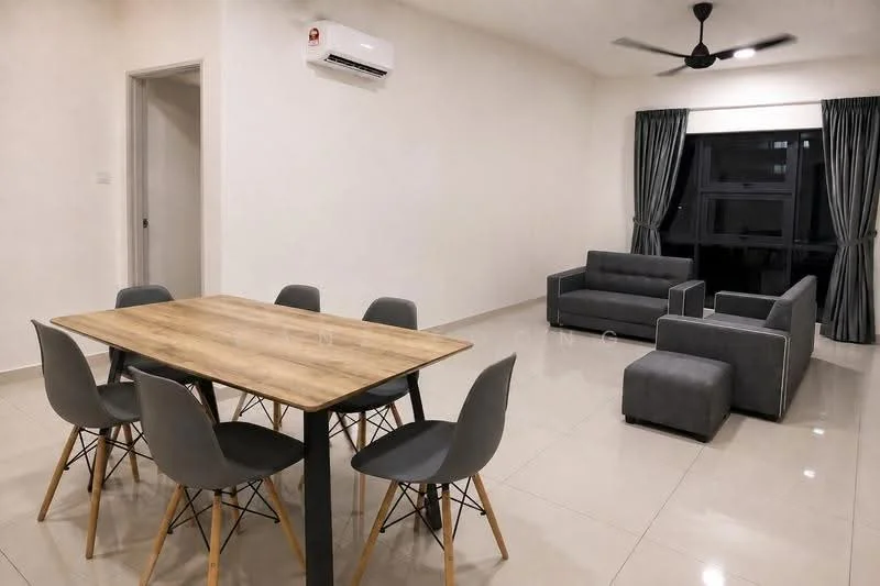 Living features: grey fabric sofa, 2-seater armchair, wooden dining table, 6 grey dining chairs, recessed downlights, ceiling fan, floor-to-ceiling windows, grey curtains, white painted walls, glossy tile flooring, wall-mounted split AC; style: modern.