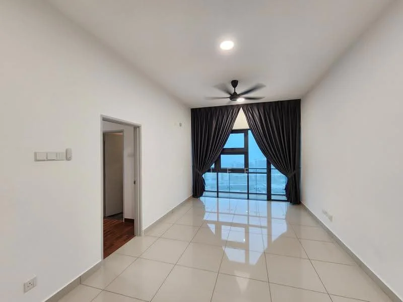 Living features: white painted walls, glossy tile flooring, 5-blade ceiling fan with light, floor-to-ceiling windows, blackout curtains, natural light from window, neutral color scheme, high ceiling; style: modern; view: city. Room features: door leading to another room, wooden flooring visible in adjacent area.