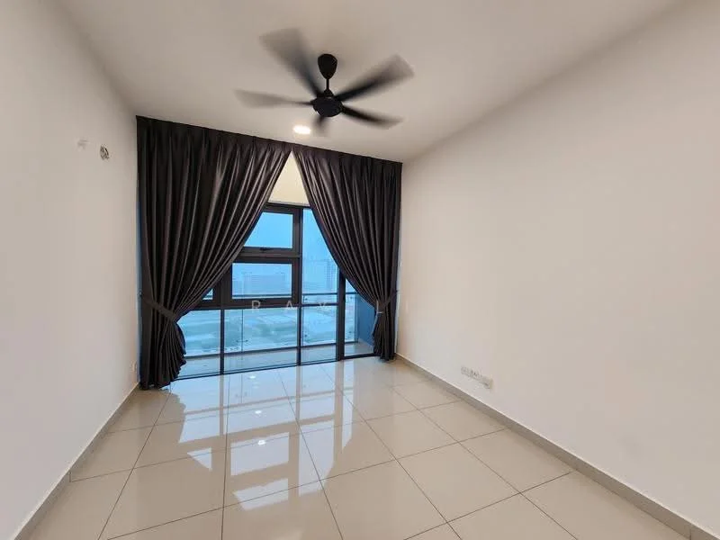 Room features: white painted walls, glossy ceramic tile flooring, 5-blade ceiling fan, floor-to-ceiling windows, blackout curtains, city view; style: modern; view: city.