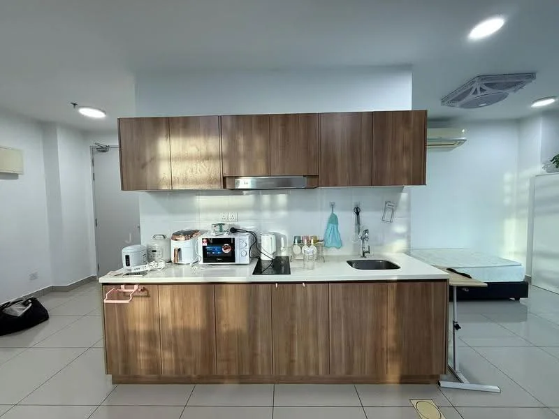 Kitchen features: brown wooden cabinetry, white quartz countertop, single-bowl stainless-steel sink, chrome pull-down faucet, built-in induction hob, built-in oven, microwave, toaster, kettle, refrigerator, tile flooring, wall-mounted air conditioning unit, recessed downlights; style: modern.