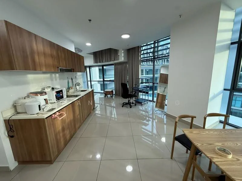 Kitchen features: wood cabinetry, white countertop, stainless-steel sink, chrome pull-down faucet, built-in microwave, freestanding range oven, ceramic tile flooring, recessed downlights, open shelving, kitchen island, window with city view; style: modern; view: city. Dining features: wood dining table, 2 wooden chairs, ceramic tile flooring; style: modern; view: city. Study features: office chair, desk, window with city view; style: modern; view: city.