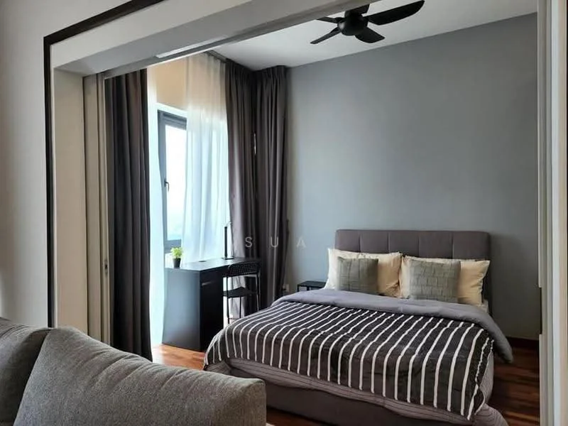 Bedroom features: king-size bed with upholstered headboard, grey bedding with striped pattern, 2 decorative pillows, floor-to-ceiling window, sheer curtains, dark grey accent wall, wooden flooring, ceiling fan, side table, desk with chair; style: modern; view: city.