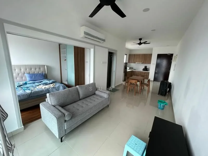 Living features: grey fabric 3-seater sofa, black TV console, ceiling fan, wall-mounted air conditioning unit, tile flooring, white painted walls, area rug, decorative wall art; style: modern. Bedroom features: queen-size bed with upholstered headboard, bedding with blue and white pattern, built-in wardrobe, wood flooring, window with natural light, ceiling fan; style: modern. Dining features: wooden dining table for 4, 4 wooden dining chairs, open layout to kitchen, tile flooring; style: modern. Kitchen features: wood cabinetry, black countertop, stainless-steel sink, built-in stove, microwave, refrigerator, tile backsplash, wall-mounted air conditioning unit; style: modern.