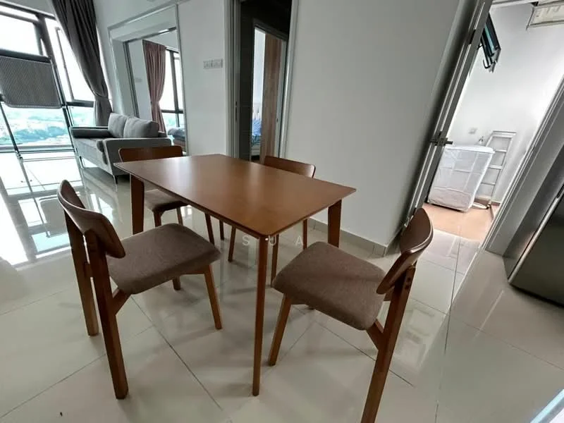 Dining features: wooden dining table, 4 wooden dining chairs, white walls, large windows with city view, ceramic tile flooring, curtains, recessed downlights; style: modern; view: city. Room features: sofa visible in background, open layout.