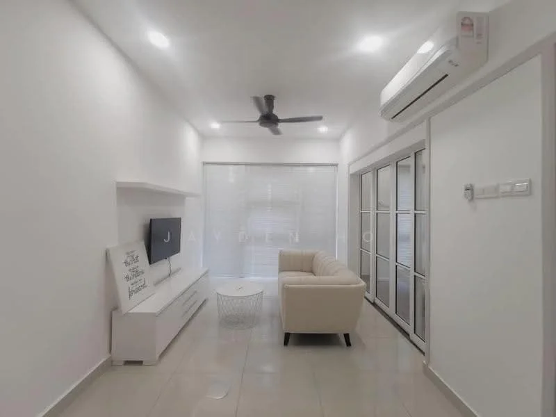 Living features: white painted walls, glossy tile flooring, 5-blade ceiling fan with light, sofa in beige, coffee table in white, wall-mounted TV, TV console in white, sliding glass doors, sheer curtains, air conditioning unit; style: modern.