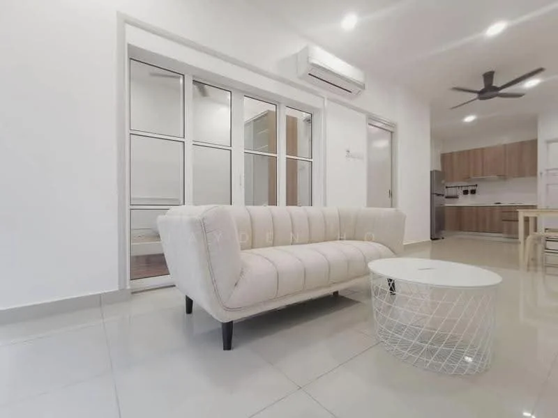 Living features: beige fabric sofa, white round coffee table, wall-mounted split AC, ceiling fan with light, white painted walls, glossy tile flooring, glass sliding doors, open layout to kitchen, natural light from windows; style: modern.