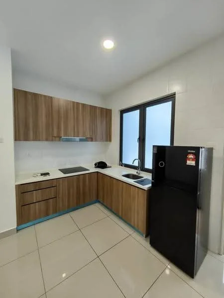 Kitchen features: brown wooden cabinetry, white countertop, black fridge, stainless-steel sink, chrome pull-down faucet, built-in cooktop, tile backsplash, white walls, recessed downlights, large window, glossy floor tiles; style: modern.