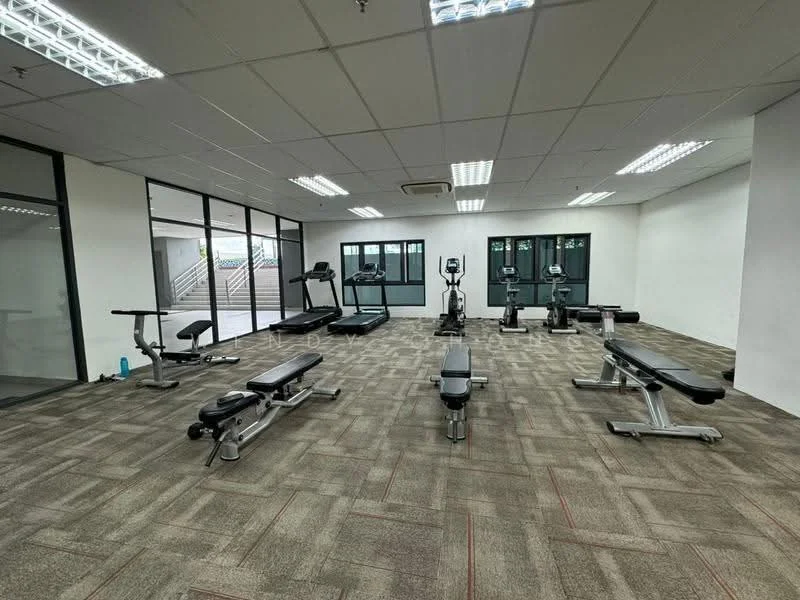 Room features: carpeted flooring, large windows, multiple exercise benches, treadmill, stationary bike, elliptical machine, mirrored wall, ceiling lights, air conditioning unit; style: modern; view: garden.