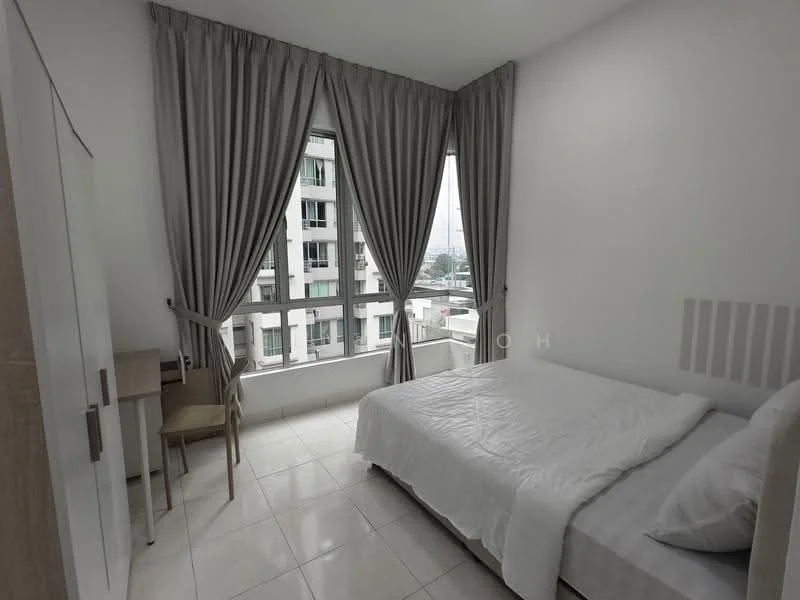Bedroom features: queen-size bed with white bedding, floor-to-ceiling windows, grey curtains, white painted walls, tile flooring, wooden study desk, chair, built-in wardrobe, decorative wall panel, city view; style: modern; view: city.