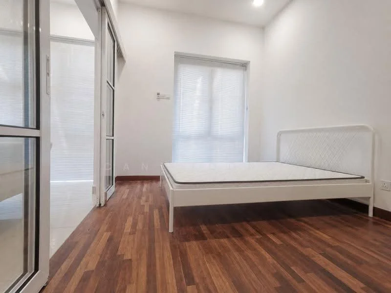 Bedroom features: wooden flooring, white painted walls, large window with sheer blinds, single bed frame, no mattress, ceiling lights; style: modern.