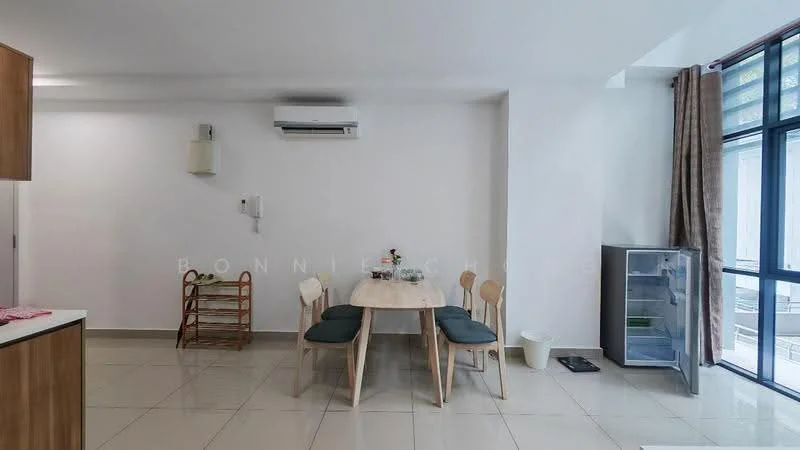 Dining features: round dining table, 3 dining chairs, wall-mounted split AC, light-colored tiled flooring, white painted walls, large floor-to-ceiling windows, curtains, refrigerator, wooden shelving unit; style: modern.