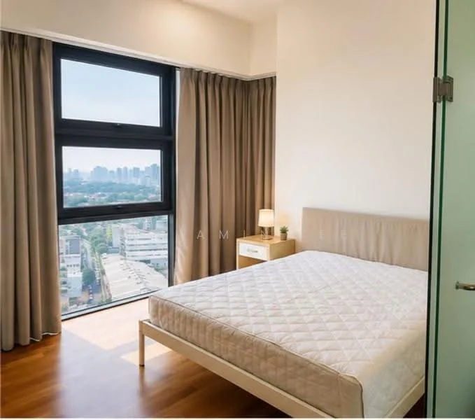 Bedroom features: queen-size bed, wooden bed frame, nightstand with lamp, floor-to-ceiling windows, city view, light brown wooden flooring, beige curtains, white painted walls; style: modern; view: city.