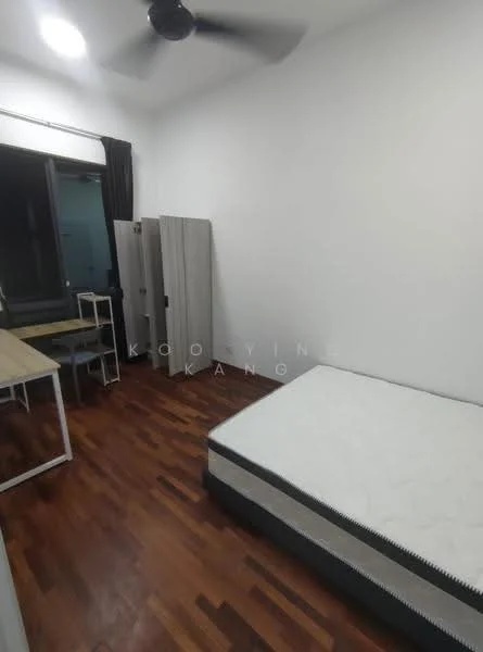 Bedroom features: wooden flooring, white painted walls, ceiling fan, single bed with mattress, study desk with chair, built-in wardrobe, large window with black curtains, small dining table; style: modern.