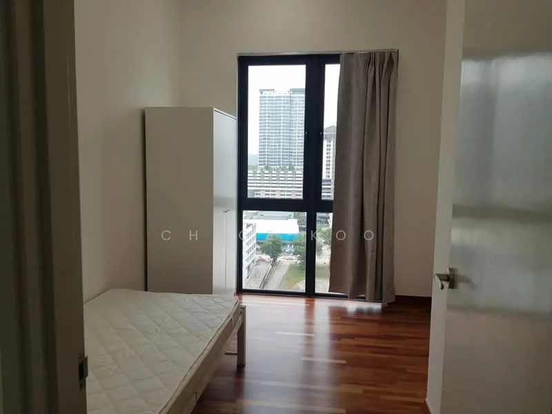Bedroom features: wooden flooring, white painted walls, floor-to-ceiling windows, curtains, unfurnished bed frame, built-in wardrobe, city view; style: modern; view: city.