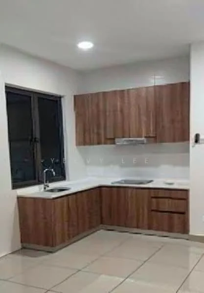Kitchen features: L-shaped kitchen layout, brown wooden cabinetry, white countertop, single-bowl stainless-steel sink, chrome pull-down faucet, built-in stainless-steel range hood, ceramic tile flooring, recessed downlights, window with black frame, stainless-steel cooktop, upper cabinets with flat-panel design, lower cabinets with flat-panel design; style: modern.