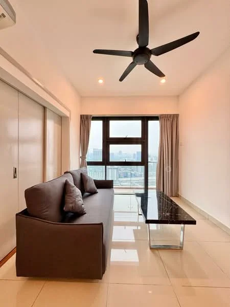 Living features: 3-seater fabric sofa in grey, coffee table with black marble top, floor-to-ceiling windows, curtains, ceiling fan with 5 blades, glossy tile flooring, white painted walls, recessed downlights; style: modern; view: city.