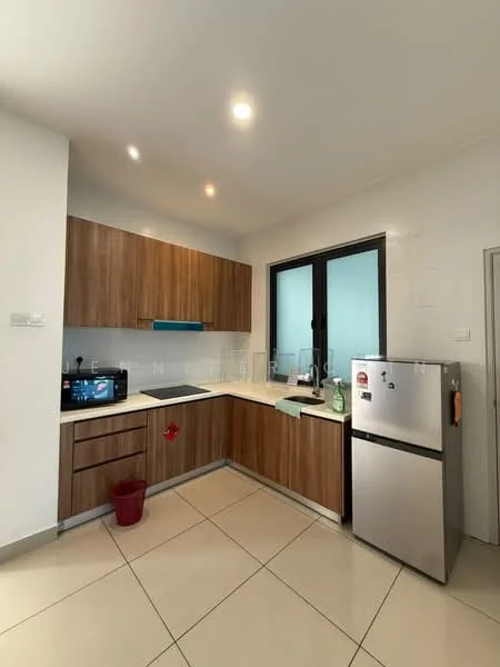 Kitchen features: brown wooden cabinetry, white countertop, stainless-steel fridge, built-in microwave, ceramic tile flooring, single-bowl stainless-steel sink, chrome pull-down faucet, window with black frame, recessed LED downlights, kitchen island with seating, red waste bin; style: modern.