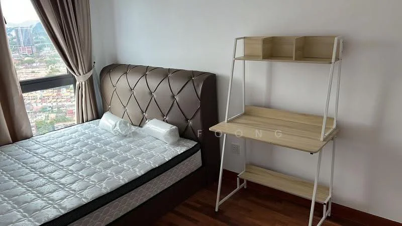Bedroom features: king-size bed with upholstered headboard, white bedding, wooden flooring, floor-to-ceiling window, curtains, study desk with wooden top and metal frame, decorative pillows, wall-mounted decor, city view from window; style: modern; view: city.