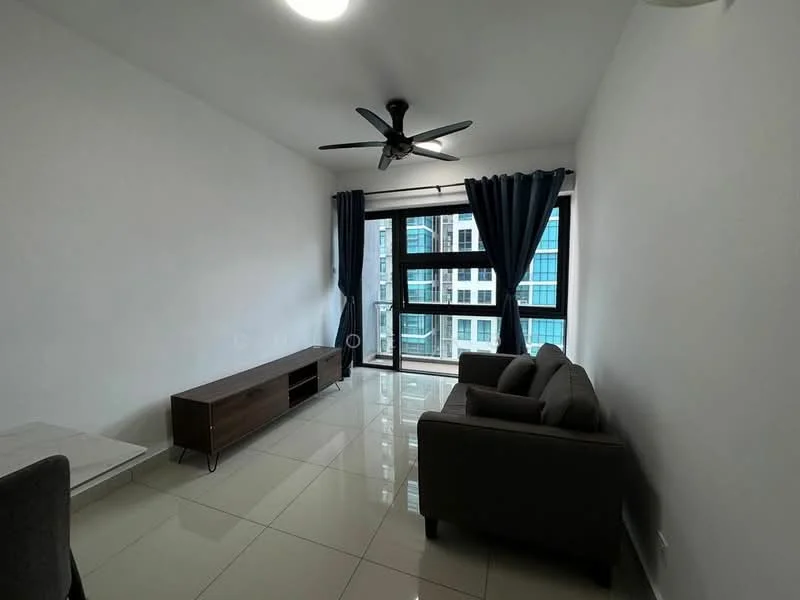 Living features: grey fabric 3-seater sofa, wooden TV console, white marble coffee table, floor-to-ceiling windows, blackout curtains, white painted walls, glossy tile flooring, ceiling fan with light; style: modern; view: city.