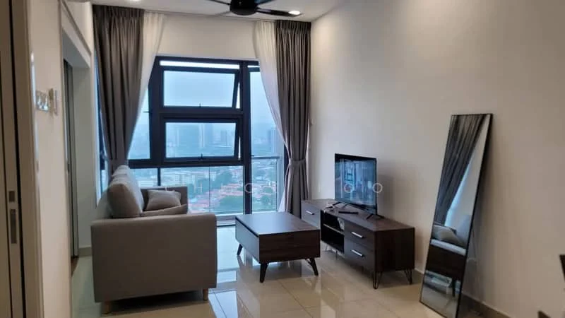 Living features: 3-seater fabric sofa in grey, wood coffee table, TV console, wall-mounted TV, floor-to-ceiling windows, curtains in grey, ceiling fan, polished tile flooring, decorative mirror; style: modern; view: city.