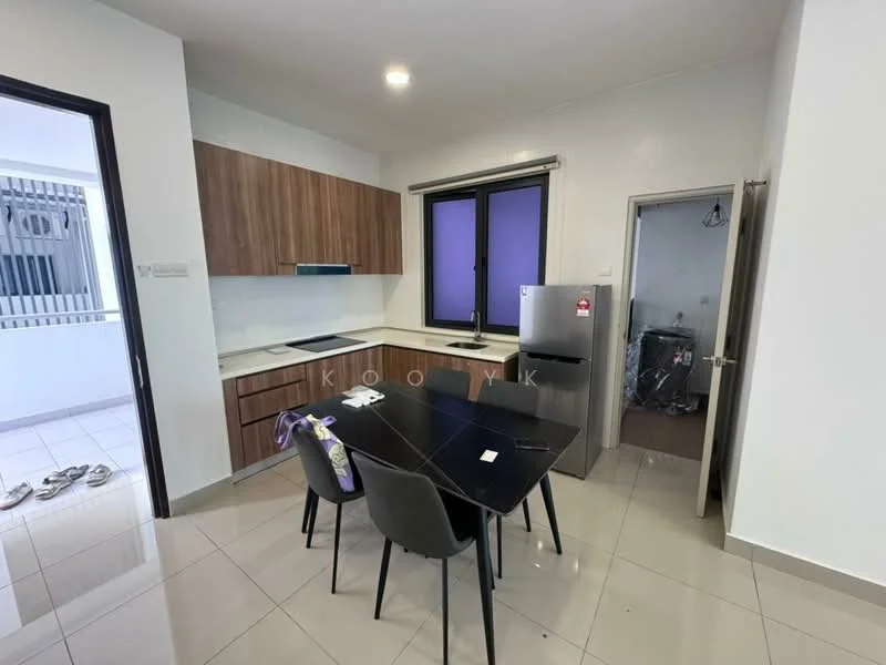 Kitchen features: brown wooden cabinetry, white countertop, built-in stove, stainless-steel fridge, black dining table, 4 black dining chairs, white tiled flooring, window with purple curtains, sink, wall-mounted extractor hood; style: modern. Room features: grey wall, doorway leading to another room.