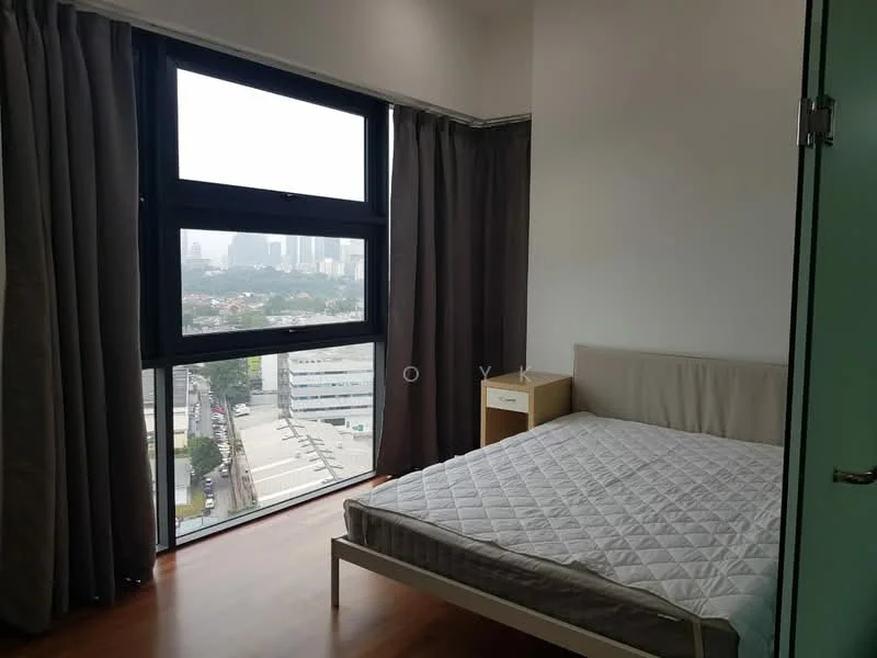 Bedroom features: queen-size bed frame, mattress without bedding, floor-to-ceiling windows, curtains in dark grey, wooden flooring, nightstand with drawer, city view, minimalist decor, light-colored walls, glass door, built-in wardrobe; style: modern; view: city.