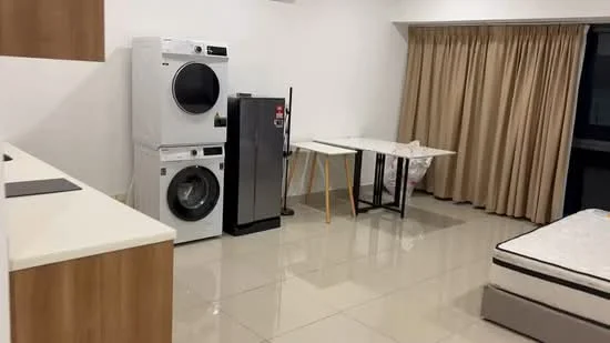 Room features: white painted walls, glossy tile flooring, washing machine, tumble dryer, stainless-steel fridge, folding table, beige curtains, mattress on bed frame; style: modern.