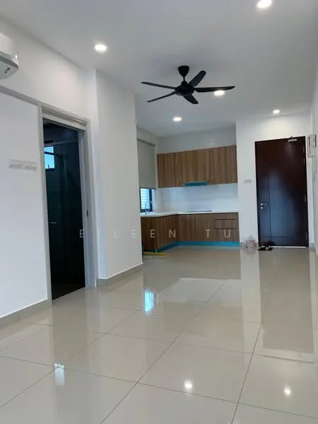 Living features: white painted walls, glossy ceramic tile flooring, 5-blade ceiling fan with light, window with blinds, kitchen cabinetry in wood finish, kitchen countertop, recessed lighting, open layout to kitchen; style: modern. Room features: door leading to hallway, air conditioning unit.