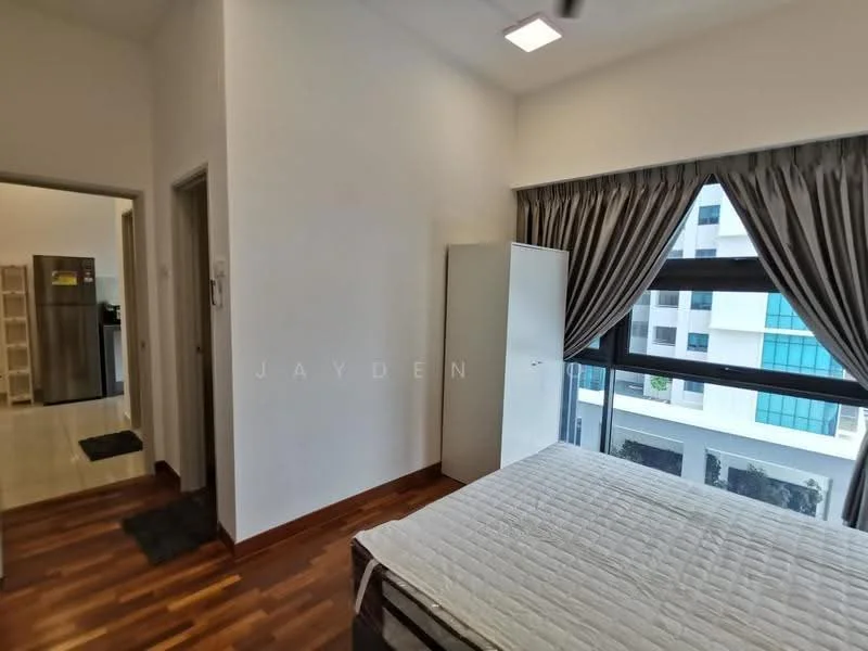 Bedroom features: wooden flooring, floor-to-ceiling windows, grey curtains, white walls, built-in wardrobe, queen-size bed, recessed ceiling lights; style: modern; view: city. Room features: white painted walls, doorway leading to kitchen, visible refrigerator.