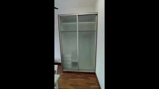 Room features: sliding glass wardrobe with frosted panels, wooden flooring, white painted walls; style: modern.