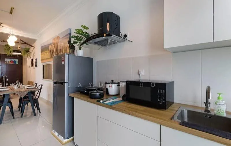 Kitchen features: grey cabinetry, wood countertop, stainless-steel sink, chrome faucet, stainless-steel fridge, black microwave, white rice cooker, extraction hood, white tiled backsplash, ceramic tile flooring, potted plant, wall-mounted shelf; style: modern.