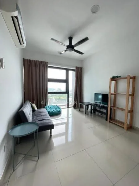 Living features: white painted walls, glossy tile flooring, 5-blade ceiling fan with light, floor-to-ceiling window, brown curtains, grey fabric sofa, blue bean bag chair, black TV console, wall-mounted TV, wooden shelving unit, small round side table; style: modern; view: city.