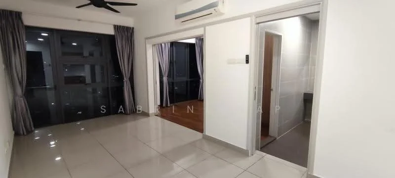 Living features: white painted walls, glossy tile flooring, 5-blade ceiling fan, floor-to-ceiling windows, curtains, air conditioning unit, wooden flooring visible in adjacent room; style: modern; view: city. Room features: white painted walls, glossy tile flooring, doorway leading to another room, light fixture.