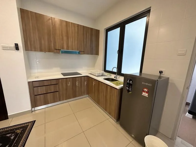 Kitchen features: brown wooden cabinetry, white countertop, stainless-steel sink, chrome pull-down faucet, built-in cooktop, refrigerator, tile backsplash, ceramic tile flooring, window with black frame, under-cabinet lighting; style: modern.