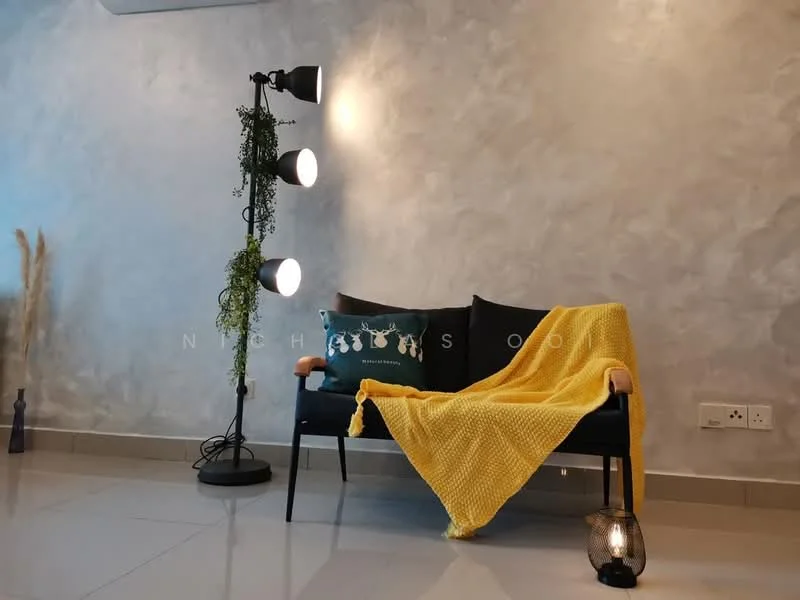Living features: grey textured walls, white tiled flooring, black fabric sofa, yellow knitted throw blanket, decorative cushion with animal print, floor lamp with three light fixtures, hanging plant, decorative lantern, minimalist decor; style: modern.