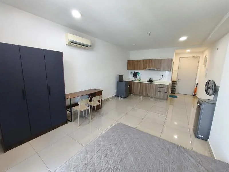 Room features: white painted walls, glossy tile flooring, 1 wall-mounted split AC, built-in kitchen cabinetry in wood finish, stainless-steel sink, freestanding fridge, 2-burner electric hob, microwave, dining table with 2 chairs, wardrobe with sliding doors, doorway leading to hallway; style: modern.