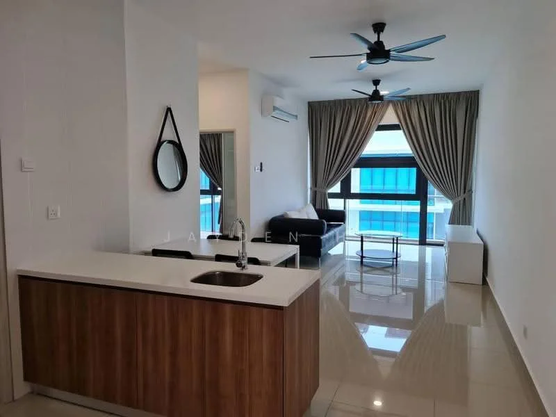 Living features: white painted walls, glossy tile flooring, 5-blade ceiling fan with light, floor-to-ceiling windows, sheer curtains, black sofa, coffee table, decorative mirror, air conditioning unit, open kitchen layout with breakfast bar, stainless-steel sink, chrome pull-down faucet; style: modern; view: city.