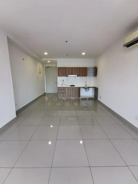 Living features: glossy ceramic tile flooring, white painted walls, kitchenette with wooden cabinetry, single-bowl stainless-steel sink, chrome pull-down faucet, built-in stove, refrigerator, wall-mounted air conditioning unit, open layout, natural light from windows, neutral color scheme; style: modern.
