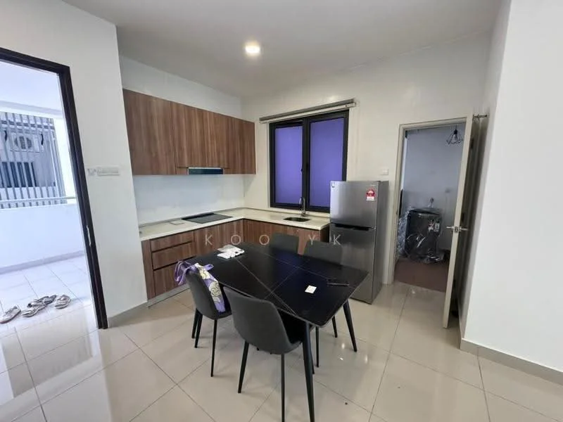 Kitchen features: brown wooden cabinetry, white countertop, stainless-steel fridge, built-in stove with hood, ceramic tile flooring, single-bowl stainless-steel sink, black dining table, 4 upholstered dining chairs, window with purple curtains, wall-mounted light fixture, open layout to living area; style: modern.