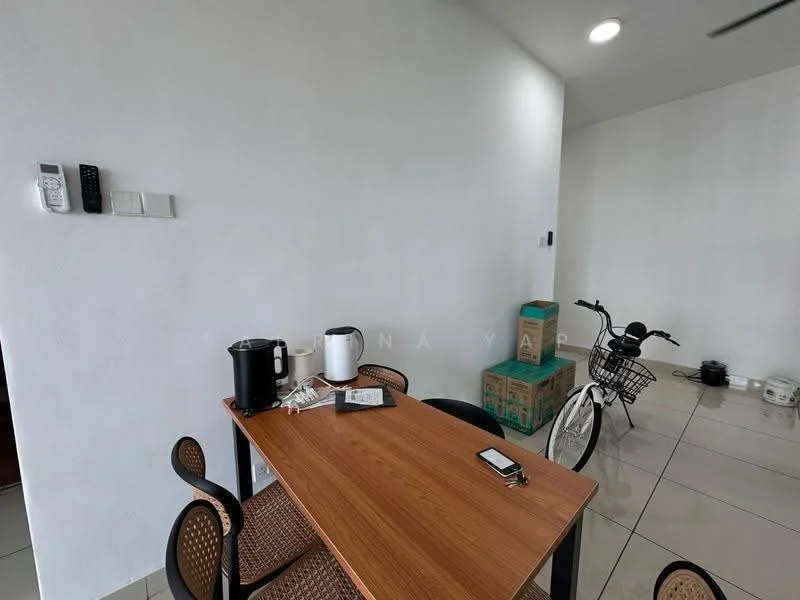 Room features: white painted walls, glossy tile flooring, wooden dining table, 4 black mesh dining chairs, kettle, white thermos, bicycle, wall-mounted intercom, light fixture in ceiling, boxes stacked against wall; style: modern.