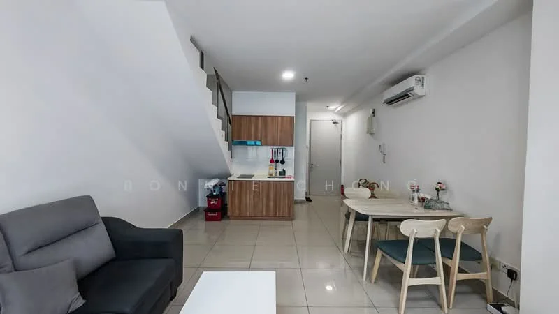 Living features: grey fabric sofa, white coffee table, wall-mounted air conditioning unit, tile flooring, white painted walls, dining table with four chairs, kitchenette with wooden cabinetry, refrigerator, kitchen counter, door leading to hallway; style: modern.