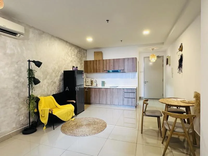 Living features: grey accent wall, white painted walls, ceramic tile flooring, 5-blade ceiling fan with light, black fabric sofa, yellow throw blanket, round area rug, black fridge, wood cabinetry, white countertop, built-in oven, stainless-steel sink, chrome pull-down faucet, dining table with two wooden chairs, wall-mounted air conditioning unit; style: modern.