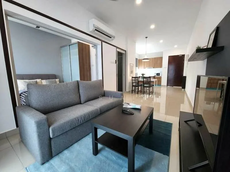 Living features: 3-seater fabric sofa in grey, coffee table, area rug with geometric pattern, wall-mounted TV, TV console, recessed downlights, floor-to-ceiling windows, sliding glass door, cream painted walls, tile flooring, air conditioning unit, decorative wall shelf; style: modern. Kitchen features: open-plan layout, wood cabinetry, stainless-steel appliances, kitchen island, countertop with bar seating, ceramic tile backsplash; style: modern. Dining features: 4-seater dining table, upholstered dining chairs, pendant lighting; style: modern.