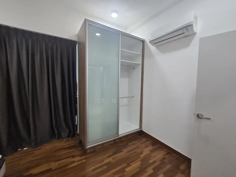 Bedroom features: built-in wardrobe with sliding glass doors, wooden flooring, 1 wall-mounted split AC, blackout curtains, white painted walls, recessed downlights; style: modern.