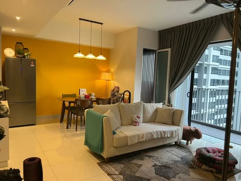 Living features: 3-seater fabric sofa in white, area rug with geometric pattern, coffee table, floor-to-ceiling windows, sliding glass door, curtains, pendant lighting with three bulbs, wall-mounted TV, decorative wall with yellow paint, dining table with four chairs, stainless-steel fridge; style: modern; view: city.
